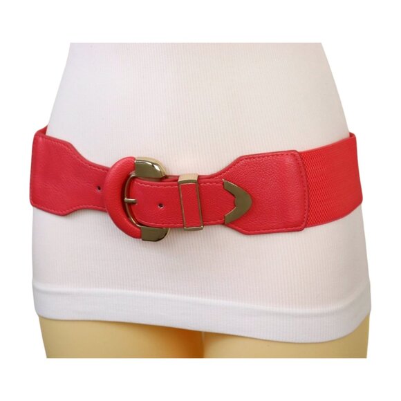 New Women Coral Pink Faux Leather Elastic Waistband Belt Round Gold Buckle S M - Picture 7 of 16